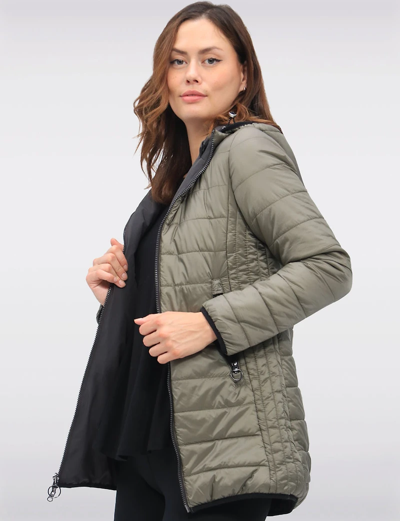 Water Resistant Vegan Reversible Quilted Jacket with Detachable Hood by Saki