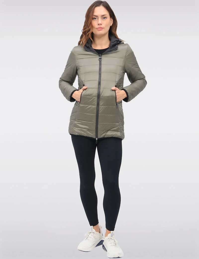 Water Resistant Vegan Reversible Quilted Jacket with Detachable Hood by Saki