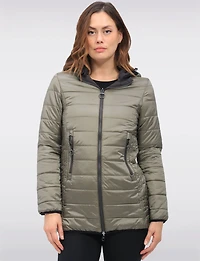 Water Resistant Vegan Reversible Quilted Jacket with Detachable Hood by Saki