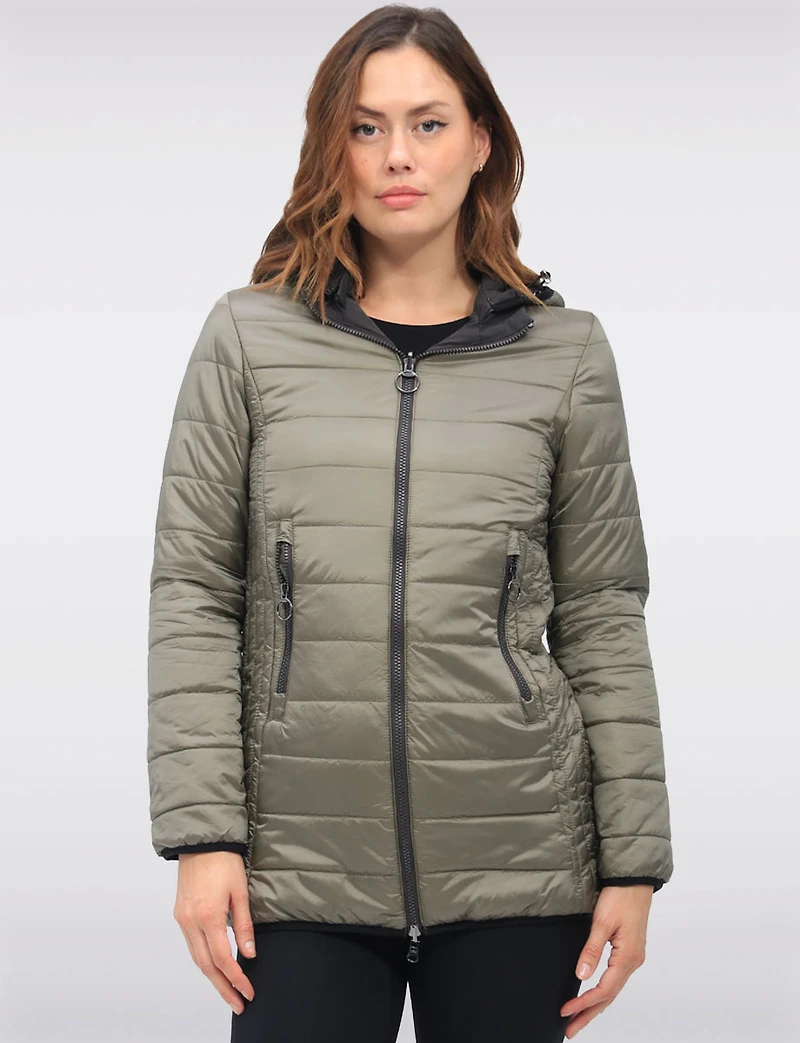 Water Resistant Vegan Reversible Quilted Jacket with Detachable Hood by Saki