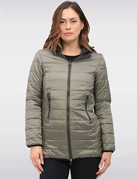 Water Resistant Vegan Reversible Quilted Jacket with Detachable Hood by Saki