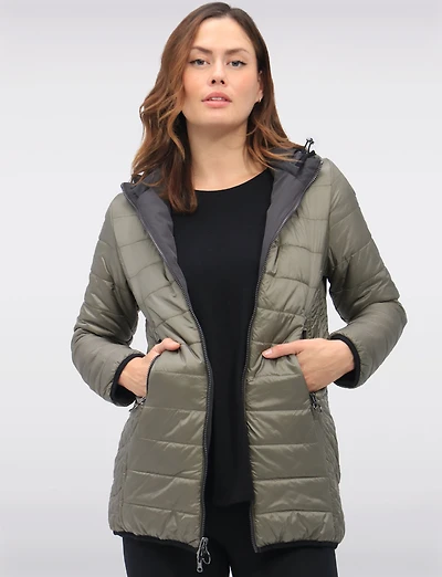 Water Resistant Vegan Reversible Quilted Jacket with Detachable Hood by Saki