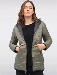 Water Resistant Vegan Reversible Quilted Jacket with Detachable Hood by Saki