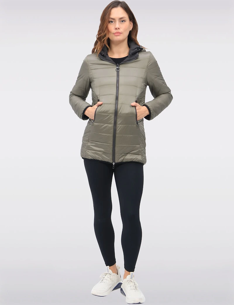 Water Resistant Vegan Reversible Quilted Jacket with Detachable Hood by Saki