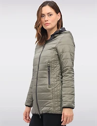 Water Resistant Vegan Reversible Quilted Jacket with Detachable Hood by Saki