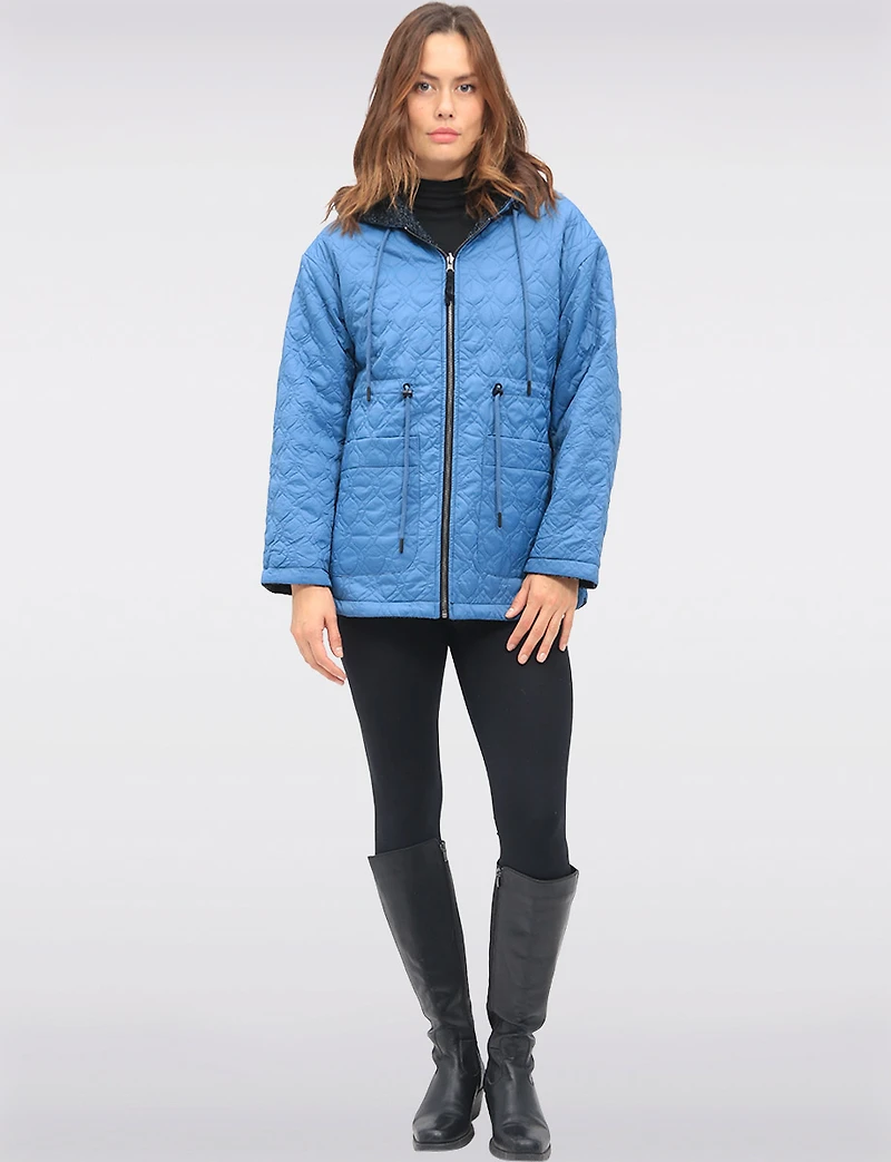 Reversible Quilted and Chic Twill Jacket with Hood Drawstring Waist by Saki