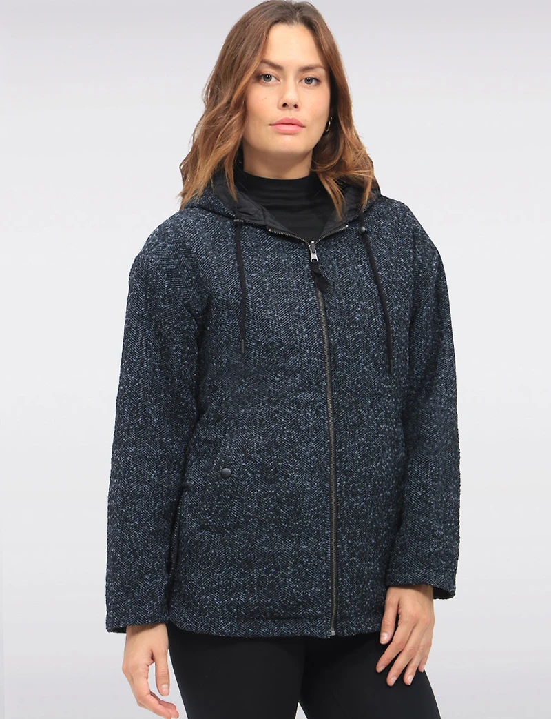 Reversible Quilted and Chic Twill Jacket with Hood Drawstring Waist by Saki