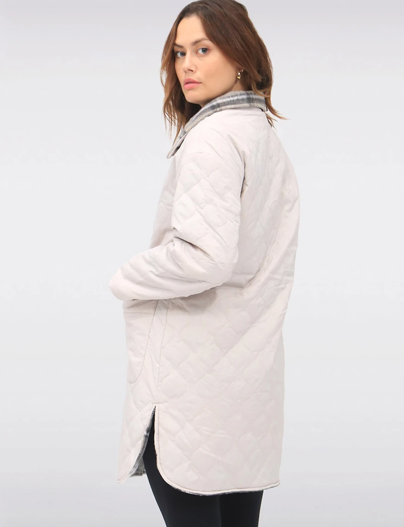 Reversible Quilted & Soft Plaid Wool-Blend Snap Button High Collar Coat by Saki