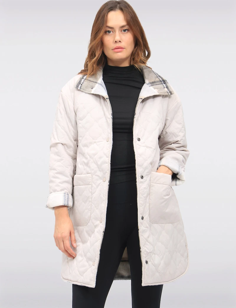 Reversible Quilted & Soft Plaid Wool-Blend Snap Button High Collar Coat by Saki