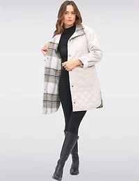 Reversible Quilted & Soft Plaid Wool-Blend Snap Button High Collar Coat by Saki
