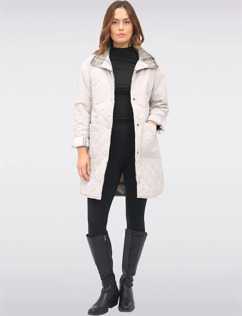 Reversible Quilted & Soft Plaid Wool-Blend Snap Button High Collar Coat by Saki