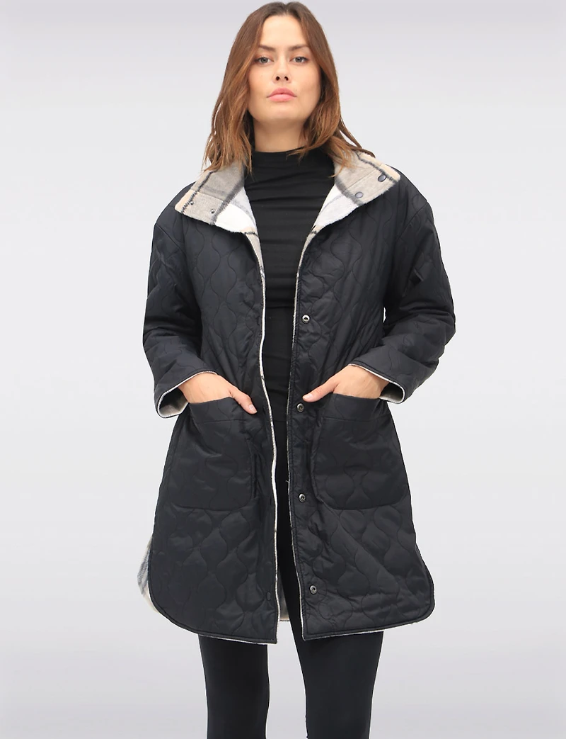 Reversible Quilted & Soft Plaid Wool-Blend Snap Button High Collar Coat by Saki