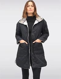 Reversible Quilted & Soft Plaid Wool-Blend Snap Button High Collar Coat by Saki