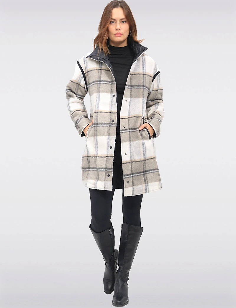 Reversible Quilted & Soft Plaid Wool-Blend Snap Button High Collar Coat by Saki