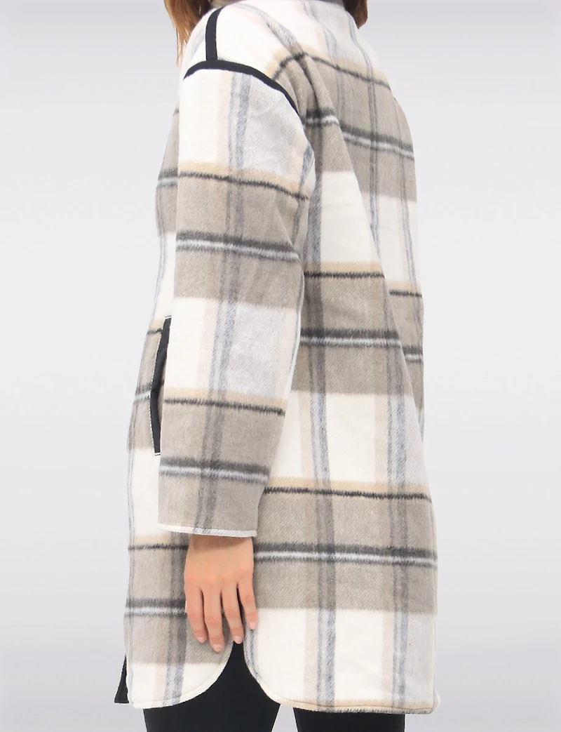 Reversible Quilted & Soft Plaid Wool-Blend Snap Button High Collar Coat by Saki