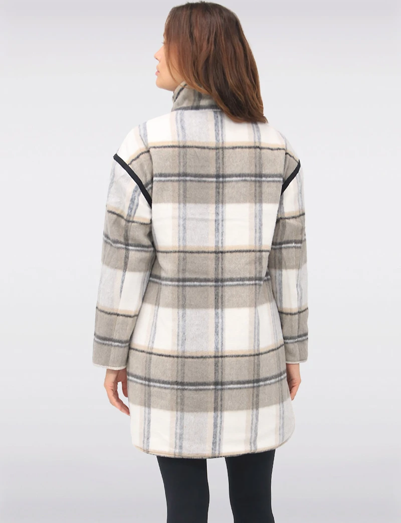 Reversible Quilted & Soft Plaid Wool-Blend Snap Button High Collar Coat by Saki