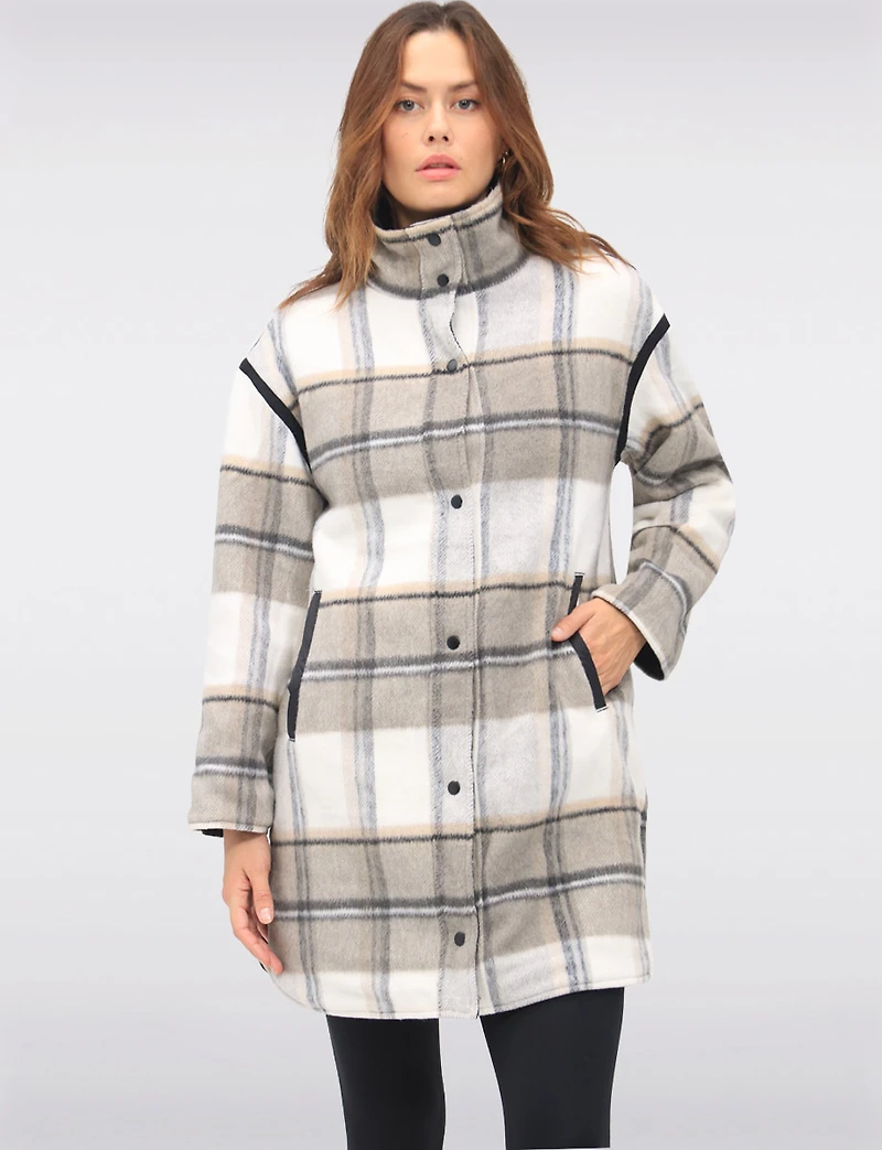 Reversible Quilted & Soft Plaid Wool-Blend Snap Button High Collar Coat by Saki