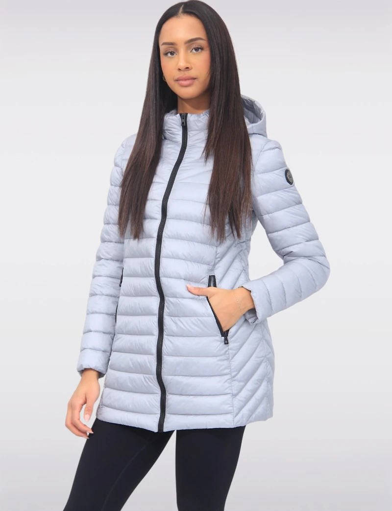 Emiko Vegan Lightweight Multi-Quilt Design Long Hooded Puffer Jacket by Saki