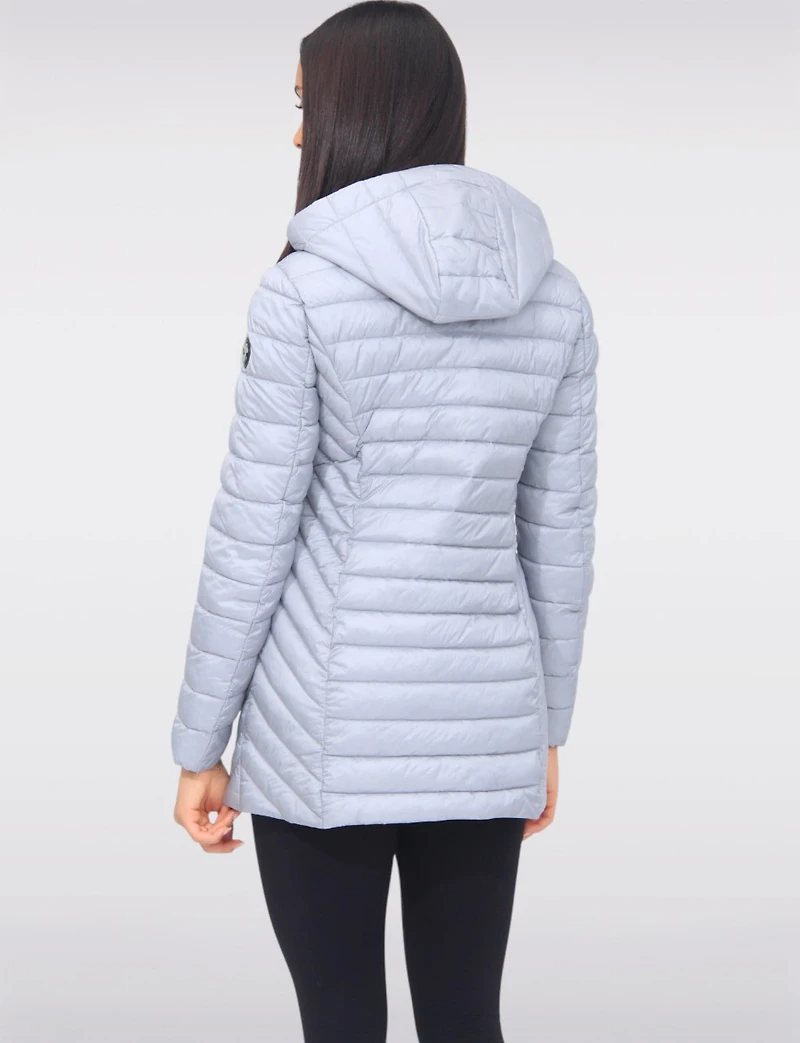Emiko Vegan Lightweight Multi-Quilt Design Long Hooded Puffer Jacket by Saki