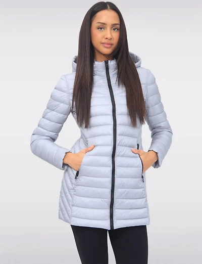 Emiko Vegan Lightweight Multi-Quilt Design Long Hooded Puffer Jacket by Saki