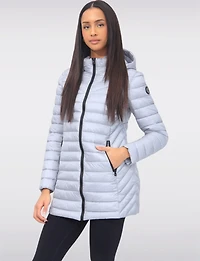Emiko Vegan Lightweight Multi-Quilt Design Long Hooded Puffer Jacket by Saki