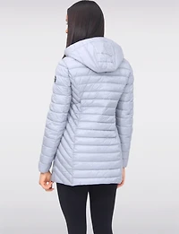 Emiko Vegan Lightweight Multi-Quilt Design Long Hooded Puffer Jacket by Saki