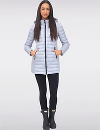 Emiko Vegan Lightweight Multi-Quilt Design Long Hooded Puffer Jacket by Saki