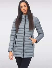 Emiko Vegan Lightweight Multi-Quilt Design Long Hooded Puffer Jacket by Saki