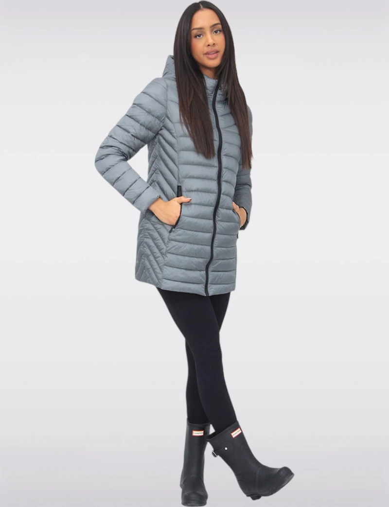 Emiko Vegan Lightweight Multi-Quilt Design Long Hooded Puffer Jacket by Saki