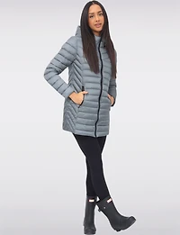 Emiko Vegan Lightweight Multi-Quilt Design Long Hooded Puffer Jacket by Saki