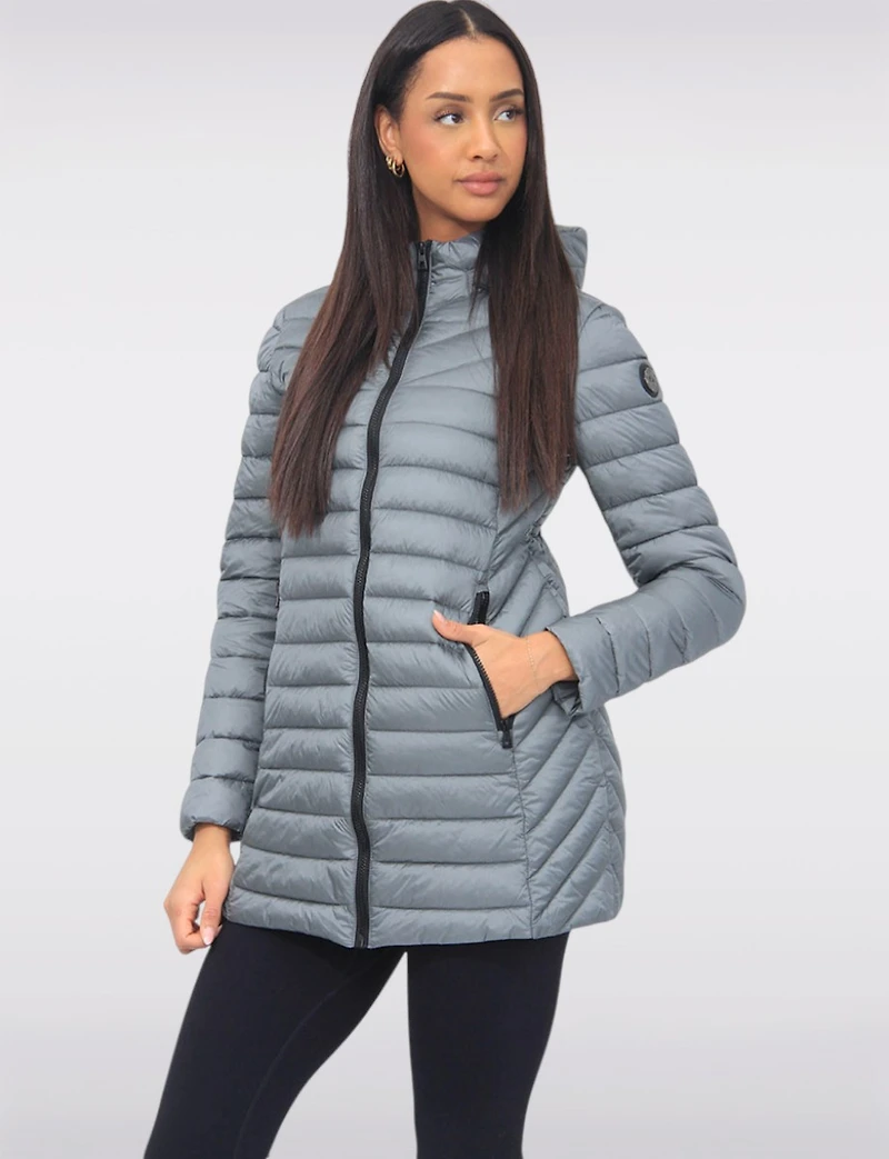 Emiko Vegan Lightweight Multi-Quilt Design Long Hooded Puffer Jacket by Saki