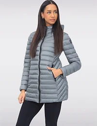Emiko Vegan Lightweight Multi-Quilt Design Long Hooded Puffer Jacket by Saki