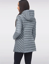 Emiko Vegan Lightweight Multi-Quilt Design Long Hooded Puffer Jacket by Saki