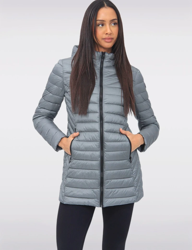 Emiko Vegan Lightweight Multi-Quilt Design Long Hooded Puffer Jacket by Saki