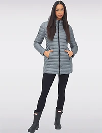 Emiko Vegan Lightweight Multi-Quilt Design Long Hooded Puffer Jacket by Saki