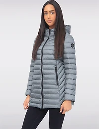 Emiko Vegan Lightweight Multi-Quilt Design Long Hooded Puffer Jacket by Saki