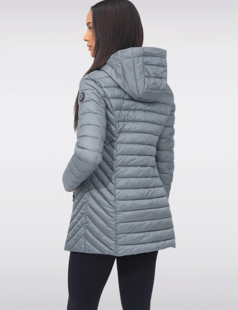 Emiko Vegan Lightweight Multi-Quilt Design Long Hooded Puffer Jacket by Saki