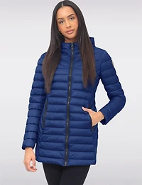 Emiko Vegan Lightweight Multi-Quilt Design Long Hooded Puffer Jacket by Saki