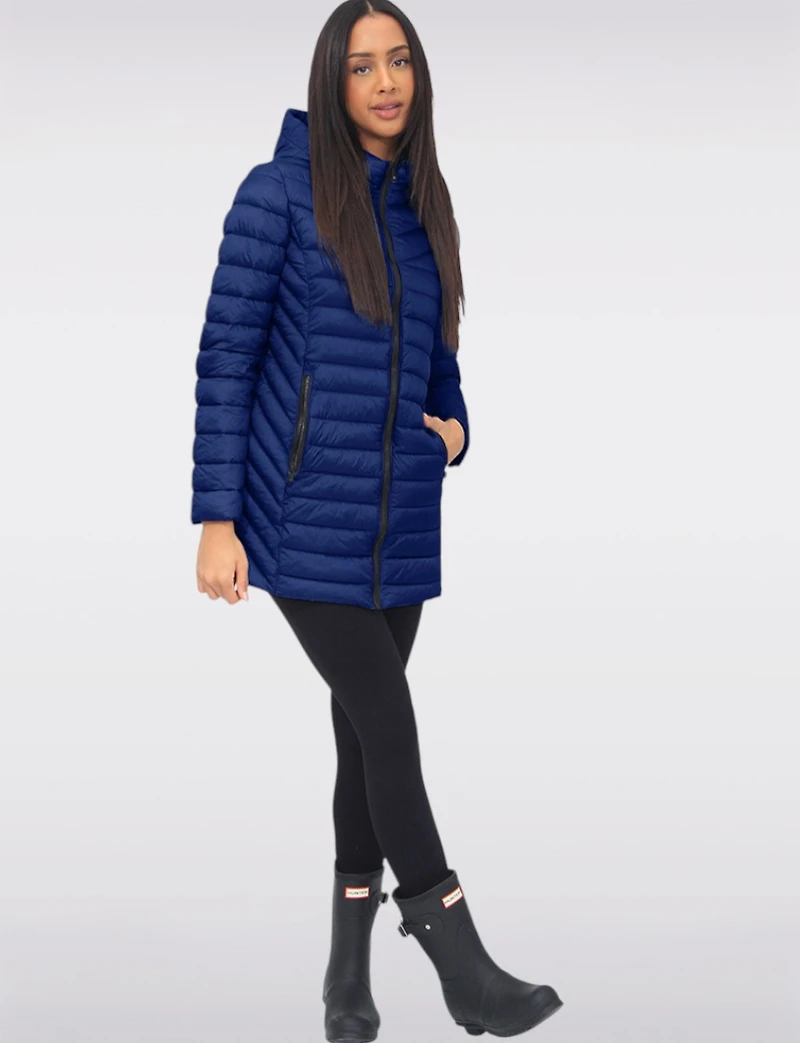Emiko Vegan Lightweight Multi-Quilt Design Long Hooded Puffer Jacket by Saki