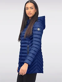 Emiko Vegan Lightweight Multi-Quilt Design Long Hooded Puffer Jacket by Saki