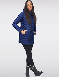 Emiko Vegan Lightweight Multi-Quilt Design Long Hooded Puffer Jacket by Saki