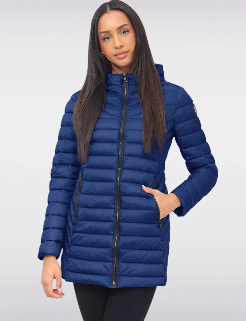 Emiko Vegan Lightweight Multi-Quilt Design Long Hooded Puffer Jacket by Saki