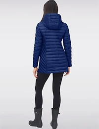 Emiko Vegan Lightweight Multi-Quilt Design Long Hooded Puffer Jacket by Saki