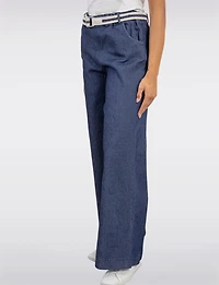Relaxed Fit Wide-Leg Cotton Stretch Denim Pants with Belt by Froccella