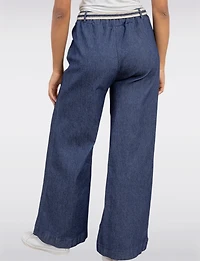 Relaxed Fit Wide-Leg Cotton Stretch Denim Pants with Belt by Froccella