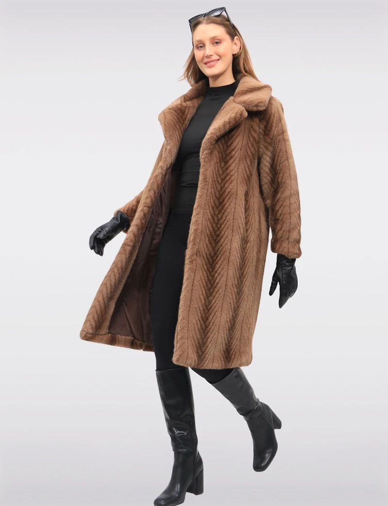 Knee-Length Herringbone Pattern Ultra-Soft Faux Fur Straight Cut Coat by Spanner