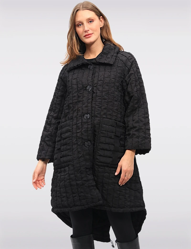 Unique Black Textured Oversized Coat with A Rounded Drawstring Hem by Spanner