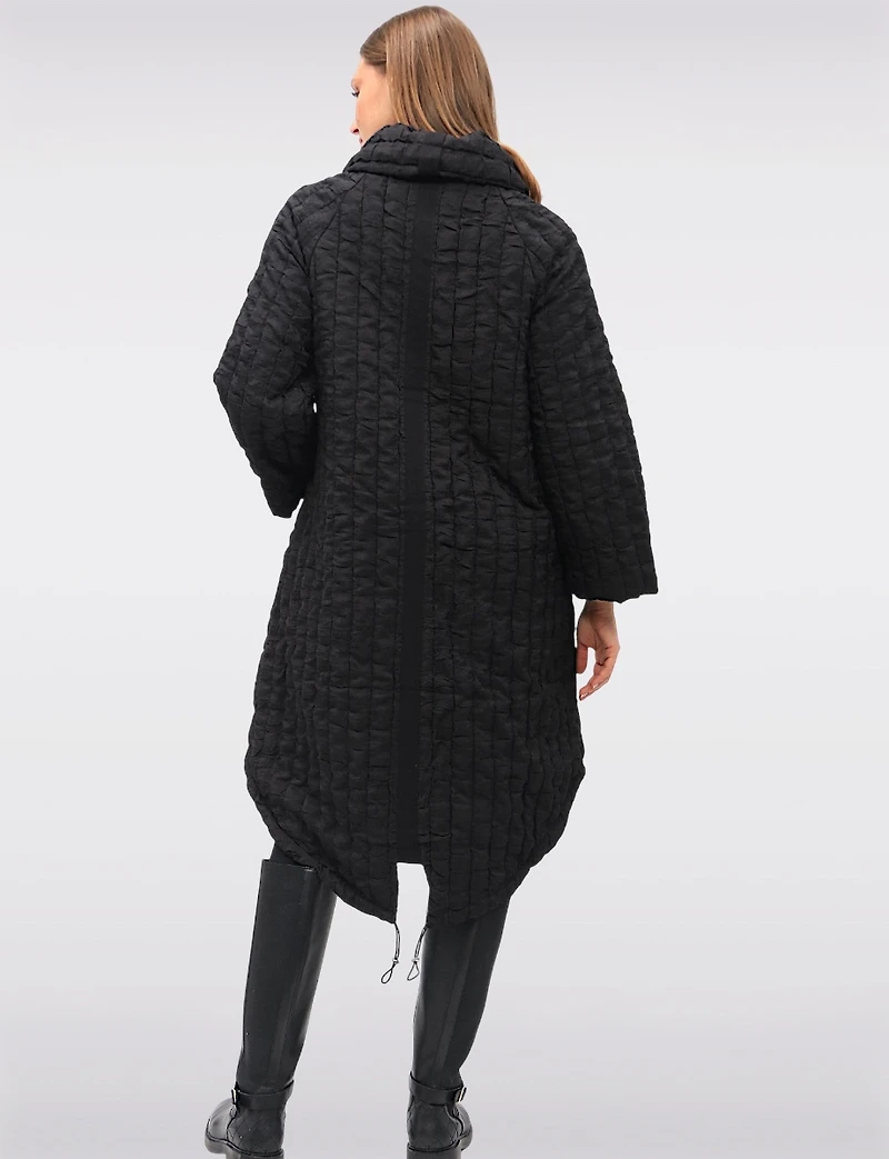 Unique Black Textured Oversized Coat with A Rounded Drawstring Hem by Spanner