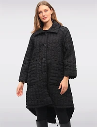 Unique Black Textured Oversized Coat with A Rounded Drawstring Hem by Spanner