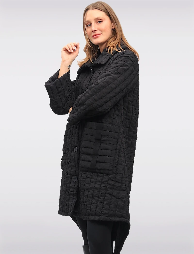 Unique Black Textured Oversized Coat with A Rounded Drawstring Hem by Spanner